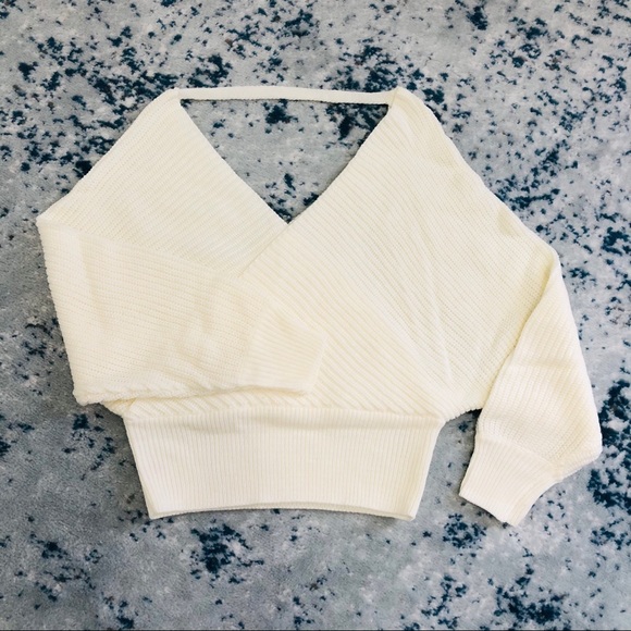 White Rib Knit Wrap Pullover Sweater Backless - Picture 8 of 8